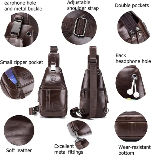 Vista 3 de BULLCAPTAIN Bolso bandolera de cuero genuino para hombre, bolso cruzado para viajes, senderismo, mochila de hombro