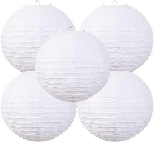 Vista 11 de Linternas de papel de estilo chino, juego de 5, adecuadas para decoración de fiestas (azul claro, 12 pulgadas)