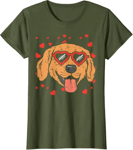 Vista 105 de Golden Retriever cara corazón gafas día de San Valentín perro regalo camiseta Negro