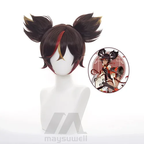 Vista 6 de Genshin Impact - Peluca de anime para Xinyan de cabello castaño corto con gorra de peluca gratis para cómics, espectáculo de cosplay, Halloween