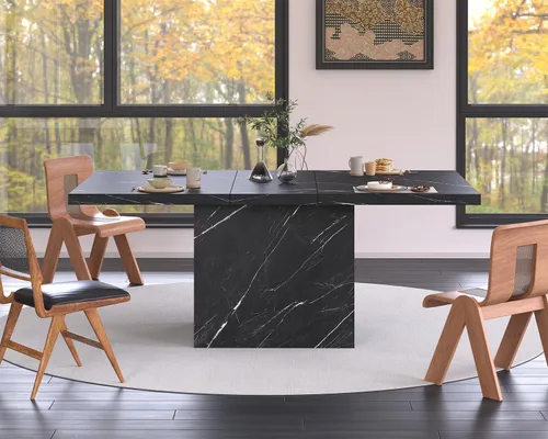Vista 8 de HSH Mesa de comedor de 55 pulgadas para 4, moderna mesa de comedor de mármol sintético negro, mesa de cocina rectangular con pedestal resistente