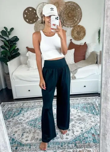 Vista 5 de UEU - Pantalones de yoga para mujer, holgados, informales, de pierna ancha, pantalones cómodos de cintura alta y con bolsillos para deportes