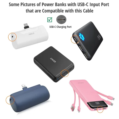 Vista 3 de Cable de carga USB-C para bancos de energía compatible con iWalk, Spigen PocketBoost, INIU, RAVPower, BONAI, Anker USBC y otros bancos de energía