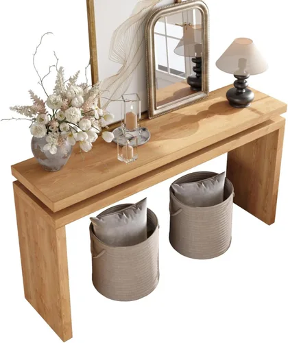 Vista 6 de Mesa de entrada de madera retro de 60 pulgadas, mesa consola de granja natural con diseño de suspensión de doble tablero para sala de estar, fácil