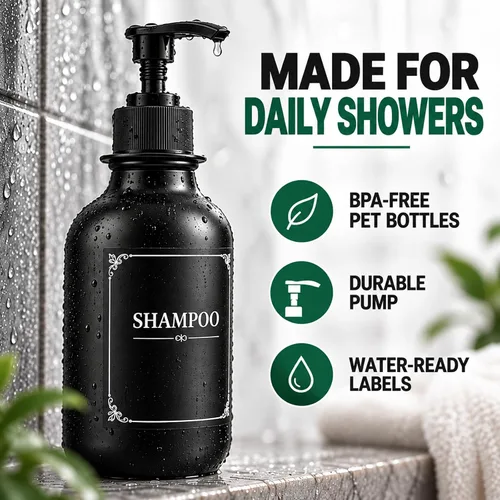 Vista 4 de Set de dispensador de champú y acondicionador de 3 cámaras, botellas Negro