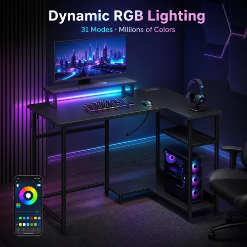 Vista 4 de DEVAISE Escritorio para juegos en forma de L de 47 pulgadas con luces LED y tomas de corriente, escritorio de esquina para espacios pequeños, mesa