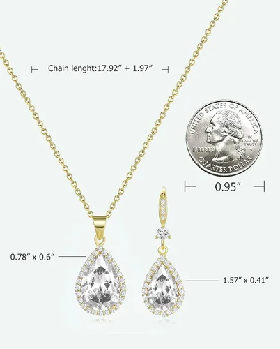 Vista 3 de Sumonyo Juego de joyas para mujer, collar con colgante de lágrima chapado en plataoro, aretes colgantes, juegos de piedras natales, diamantes