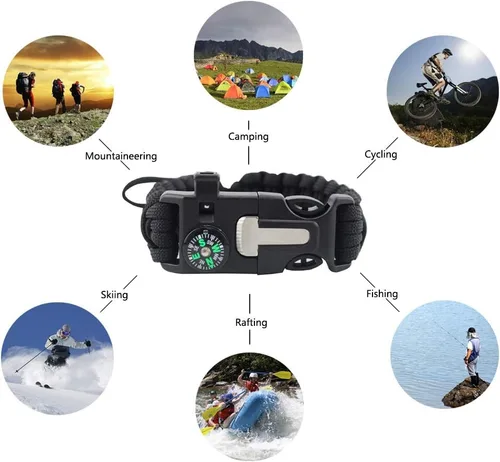 Vista 5 de MansWill Pulsera de supervivencia ajustable 5 en 1, nuevo kit de pulsera deportiva de emergencia de 7 núcleos, brújula impermeable, silbato