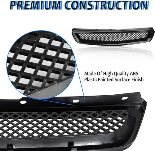 Vista 5 de Rejilla de parachoques delantero compatible con 1999-2000 para Civic Coupe/Sedán JDM Tipo R ABS Malla negra Parte de repuesto de protector