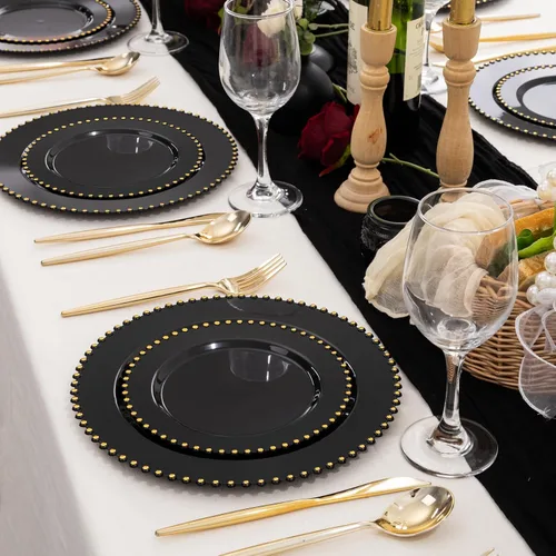 Vista 7 de supernal 100 piezas Platos de plástico negros y dorados, platos desechables negros, suministros de fiesta de Halloween que incluyen 50 platos