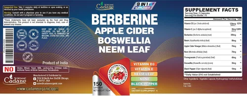 Vista 4 de Organic Cadane Suplemento de berberina 150 cápsulas, con hoja de neem, vinagre de sidra de manzana, VIT D3, E y más, extracto de berberina, apoyo