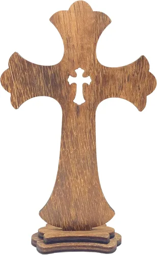 Vista 2 de Cruzes de pie de madera marrón de 9 pulgadas, paquete de 12, cruz de mesa rústica de madera para centros de mesa de bautismo, decoración de iglesia