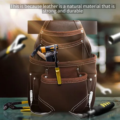 Vista 7 de Genuine Leather Tool Pouch Bag with 2'' Work Belt Included for Handyman, Construction, Carpenter, Farmers with 10 Pockets 2 Hammer Holders