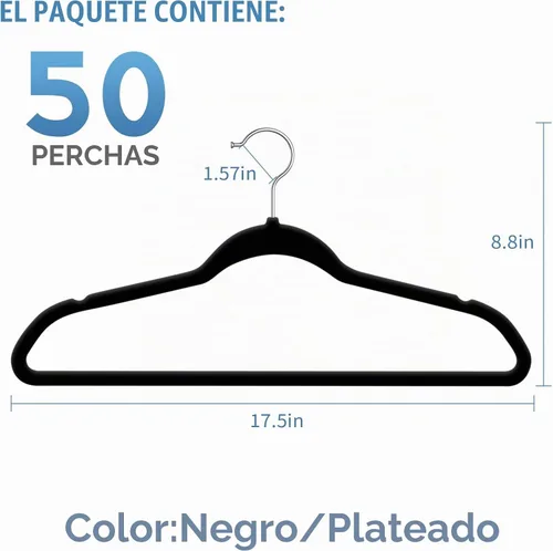 Vista 2 de TIMMY Paquete de 50 perchas de terciopelo para ropa, 17.7 pulgadas, negro