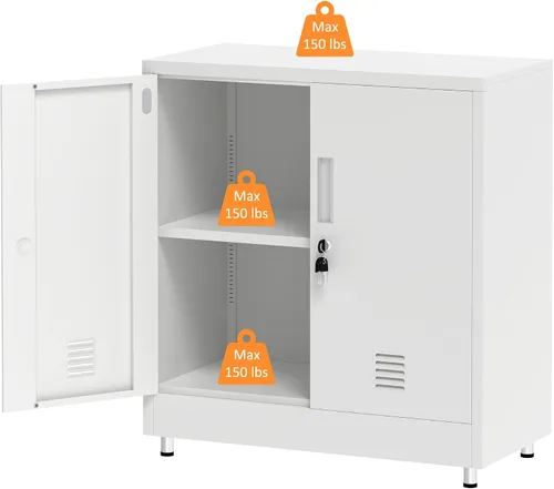 Vista 7 de Armario de almacenamiento de metal con puertas de bloqueo y estante ajustable, pequeño aparador con cerradura para el hogar, oficina, entrada, Blanco