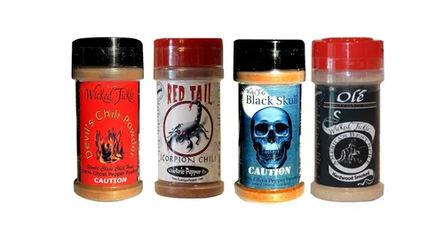Vista 3 de Wicked Tickle Juego de regalo de chile en polvo, paquete de 4 – fantasma, fantasma ahumado, escorpión, sal de ajo habanero, botellas de 2 onzas