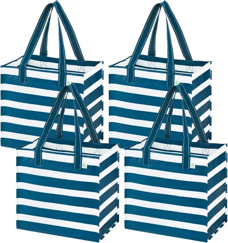 Vista 17 de VENO Paquete de 4 bolsas de comestibles reutilizables de Navidad, bolsas de compras resistentes con asas, para carrito de compras con parte inferior