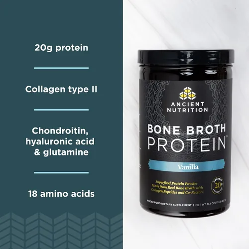 Vista 5 de Ancient Nutrition Proteína en polvo multicolágeno, sin sabor, 100 porciones + polvo de proteína de caldo de hueso, vainilla, 40 porciones