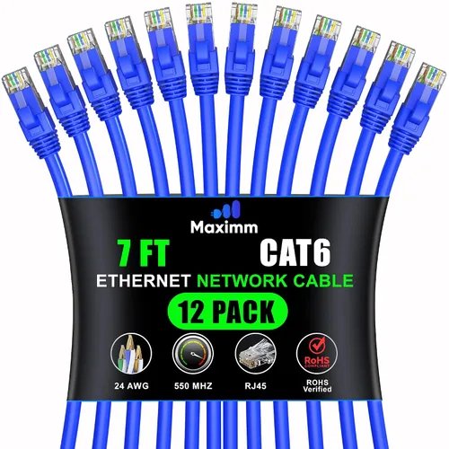 Vista 82 de Maximm Cable Ethernet Cat6 de 7 pies, 10 Gbps 550 MHz, negro, paquete de 12