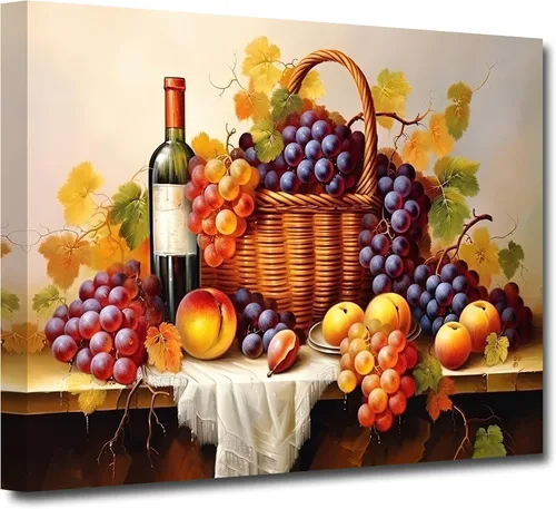 Vista 8 de CXHOSTENT Lienzo decorativo para pared de vino tinto, uvas frescas, frutas y copas de vino, pintura de paisaje campestre para comedor