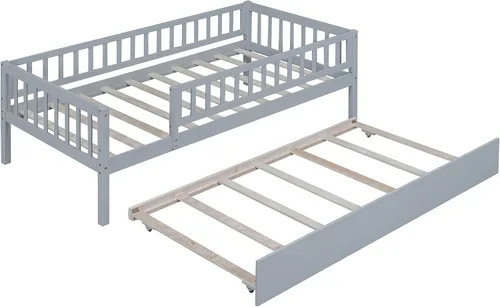 Vista 4 de Base de cama de tamaño individual con barandillas nido y vallas, camas infantiles de madera estilo Montessori con soporte de tablillas, sofá cama