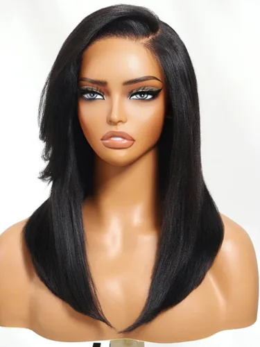 Vista 3 de UNICE Yaki Peluca de Cabello Humano Liso con Cordón y Flequillo Lateral Bye Bye Knots 7X5 Encaje Frontal Pelucas Sin Pegamento de Cabello Humano