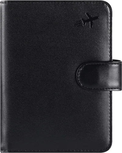 Vista 31 de Funda para pasaporte, cartera con bloqueo RFID, funda de piel para tarjetas, accesorios de viaje para mujeres y hombres, negro