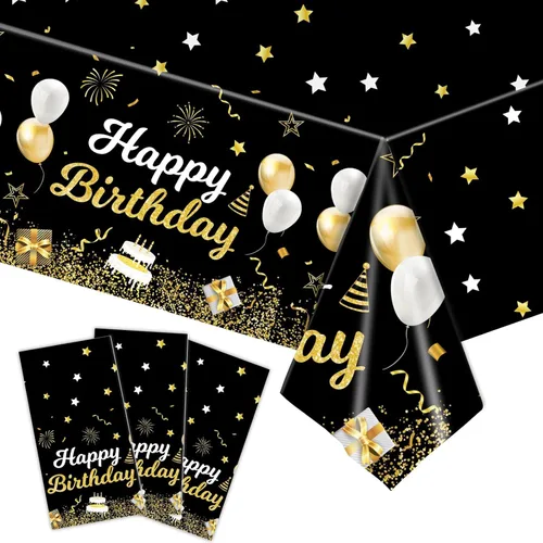 Vista 9 de MRJ Black Party Supplies - Paquete de 3 manteles de feliz cumpleaños con estrellas rosas y negras, decoraciones perfectas para fiestas de cumpleaños