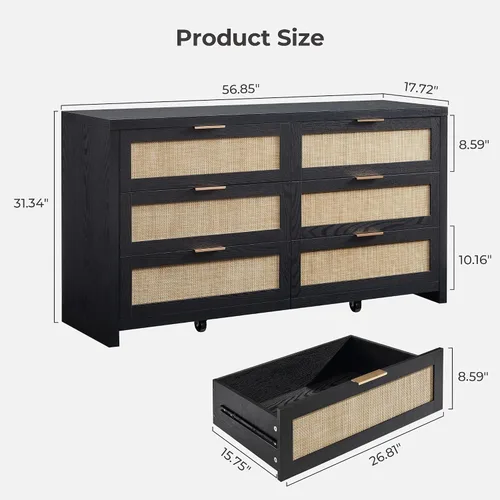 Vista 3 de SICOTAS Cómoda de ratán para dormitorio, cómoda de 57 pulgadas de ancho con 6 cajones con amplio almacenamiento, cómoda de madera, cómoda grande