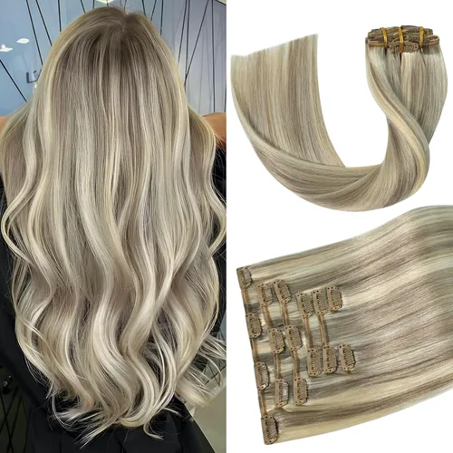 Vista 24 de Aison Extensiones de cabello con clip balayage de cabello humano real, extensiones de cabello ombre 100% de cabello humano para mujer, 12 pulgadas