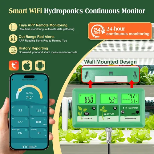 Vista 3 de Monitor continuo de pH EC para hidropónico, medidor de pH EC PPM WiFi 6 en 1, probador digital de pH TDS temperatura humedad para sistema