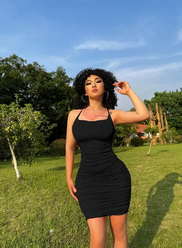 Vista 7 de DAAWENXI Vestido corto sexy para mujer con tirantes delgados sin mangas fruncido con tirantes delgados ajustado para discoteca