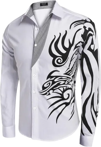 Vista 7 de COOFANDY Camisa de vestir con botones y estampado para hombre, camisas casuales de manga larga