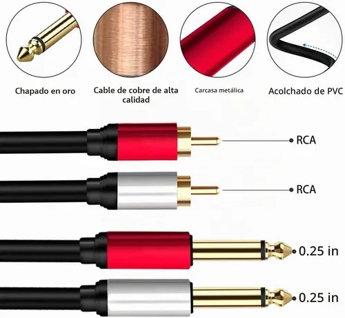 Vista 3 de 2 cables de 0.250 in a 2RCA, doble conector estéreo TS macho de 1/4 pulgadas a 2 RCA macho adaptador divisor de cable de audio estéreo