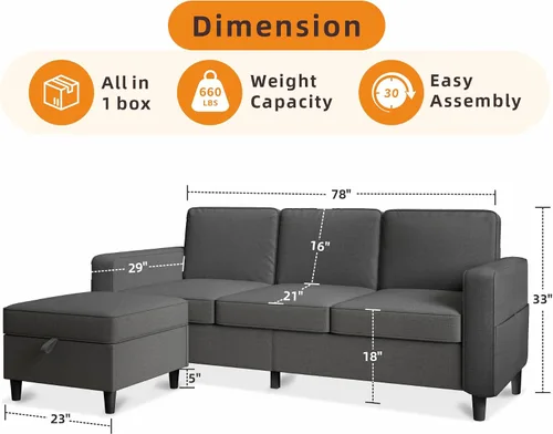 Vista 2 de Sofá seccional y sofás para sala de estar, sofá de 3 asientos gris oscuro de 3 asientos en forma de L con otomana de almacenamiento, sofás
