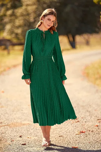 Vista 4 de PRETTYGARDEN - Vestido de otoño por debajo de la rodilla para mujer - Vestido acampanado, fluido y casual de manga larga con cuello en V y plumetí