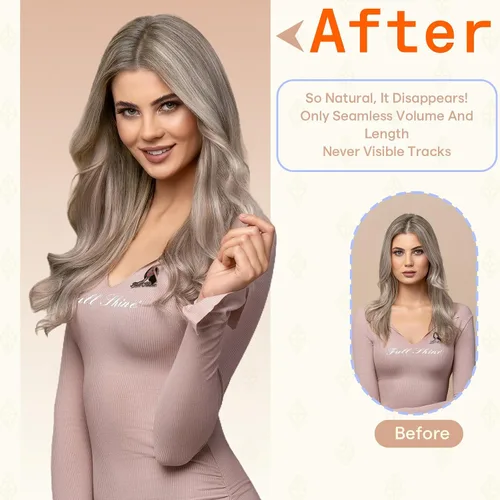 Vista 7 de Full Shine - Extensiones de cabello humano con cinta, mezcla de rubio hongo # 8 castaño ceniza resaltado 60 rubio ceniza