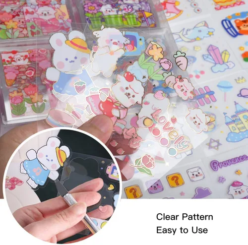 Vista 5 de Conjunto de calcomanías lindas de animales (100 hojas) - Kawaii transparentes de PET de dibujos animados decorativos para álbum de recortes, diario