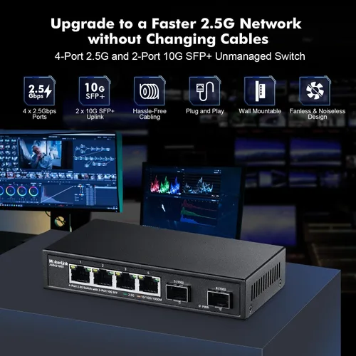 Vista 2 de MokerLink Switch Ethernet de 4 puertos 2.5G con SFP 2x10G, 4 puertos Base-T de 2.5G compatibles con 10/100/1000Mbps, conmutador de red sin