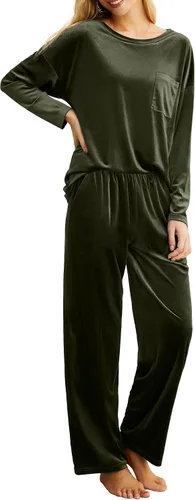 Vista 2 de PrinStory Conjunto de pijama 2024 para mujer, ropa de dormir de terciopelo de 2 piezas, pijamas suaves con bolsillos