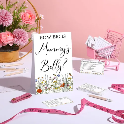 Vista 122 de Sabary 64 Piezas Juegos de Baby Shower Incluyen Letrero How Big is Mommy's Belly Sign Measure Bump Game 50 Tarjetas 10 Lápices 3 Cintas Métricas