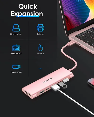 Vista 6 de LENTION Hub multipuerto USB C 7 en 1 con HDMI 4K, 100 W PD, 3 puertos USB 3.0, lector de tarjetas SD/MicroSD compatible con MacBook Pro/Air/Neo Oro
