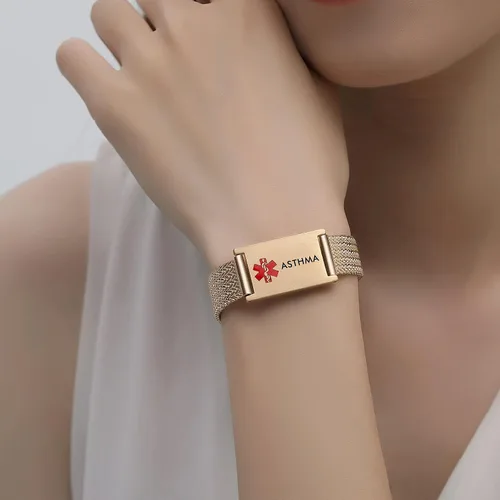 Vista 2 de MNMOOM Gold Medical Alert Bracelets for Men Women Free Custom Engraved Stainless Steel Mesh Medical Bracelets