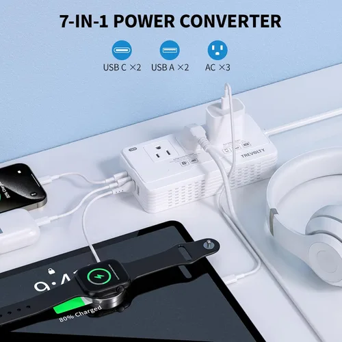Vista 3 de Convertidor de 220V a 110V para viajes europeos con tipo C/G/I/L/E/F para UE Reino Unido IT (blanco)