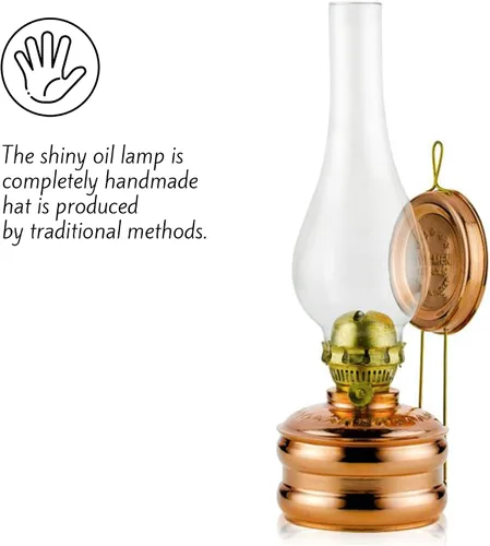 Vista 3 de Lámpara de aceite de cobre tradicional hecha a mano con chimenea de vidrio, linterna de queroseno vintage, lámpara de mecha oriental antigua