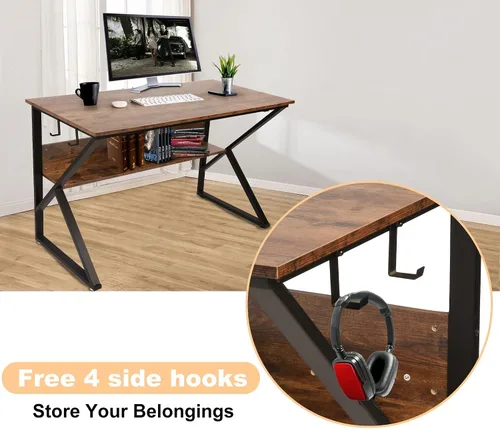 Vista 4 de Escritorio de computadora, escritorio de oficina, mesa de PC de 47 pulgadas, grano de madera rústica industrial con estante de almacenamiento con 4
