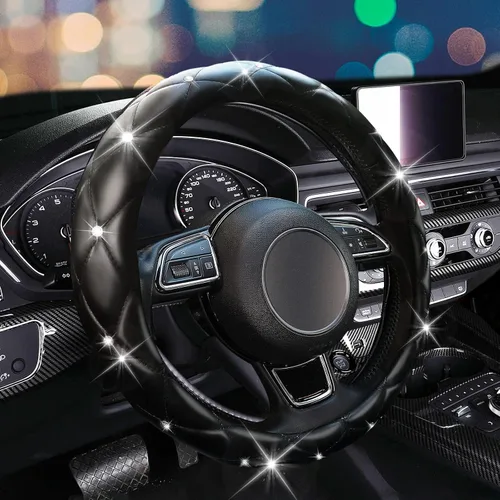 Vista 12 de SuperKaKa Funda para volante negra y roja, accesorios de interior de automóvil de estilo diamante con brillo lindo y cómodo, protector brillante que