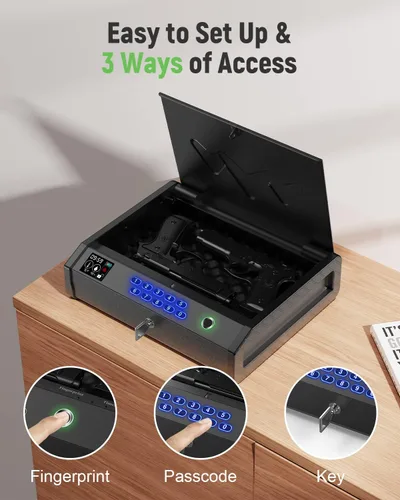 Vista 3 de HOLEWOR - Caja de seguridad para armas, cajas fuertes biométricas para pistolas con pantalla LCD de tiempo y batería, caja de seguridad