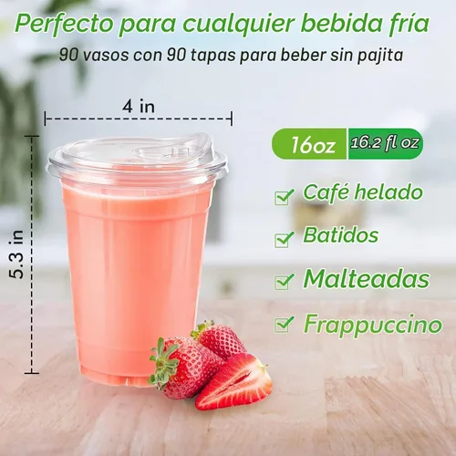 Vista 2 de Lilymicky Vasos de plástico transparente de 16 onzas (paquete de 90) con tapas para sorber sin pajita, vasos desechables para café helado, batido