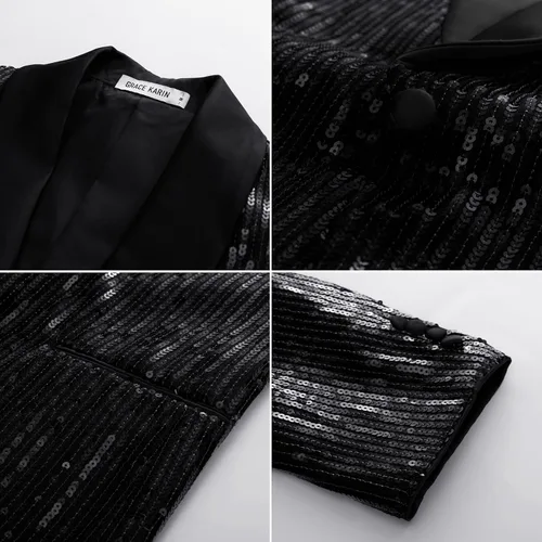 Vista 5 de GRACE KARIN Blazer de lentejuelas brillantes para hombre, con un botón, chal, solapa, esmoquin, fiesta, cena, baile de graduación